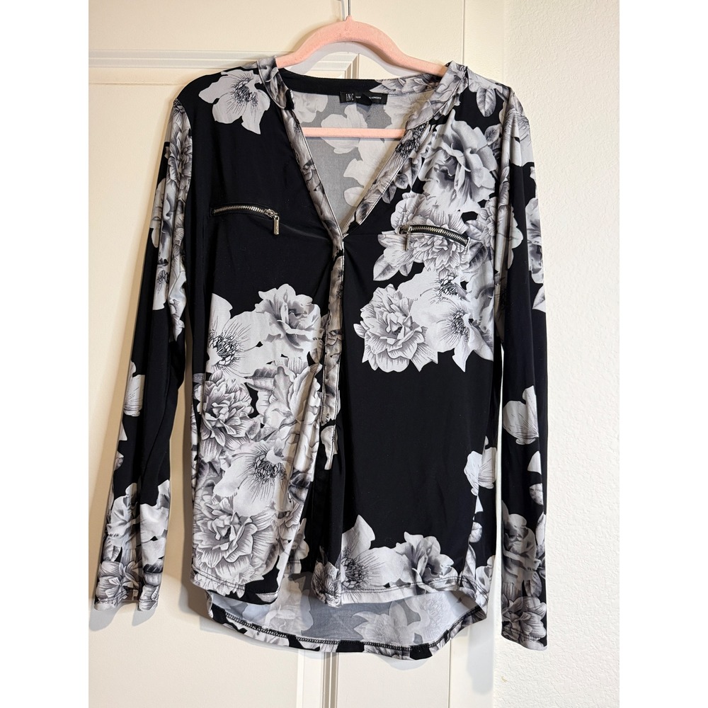INC International Concepts Black White Floral Long Sleeve Zipper Blouse Medium